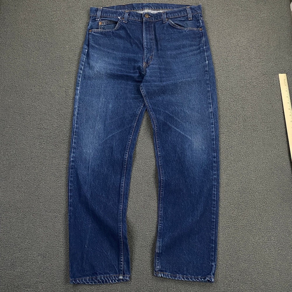 Vintage 80s Levis 505 Jeans FITS 36x32 Dark Blue Wash Orange Tab Made USA Denim